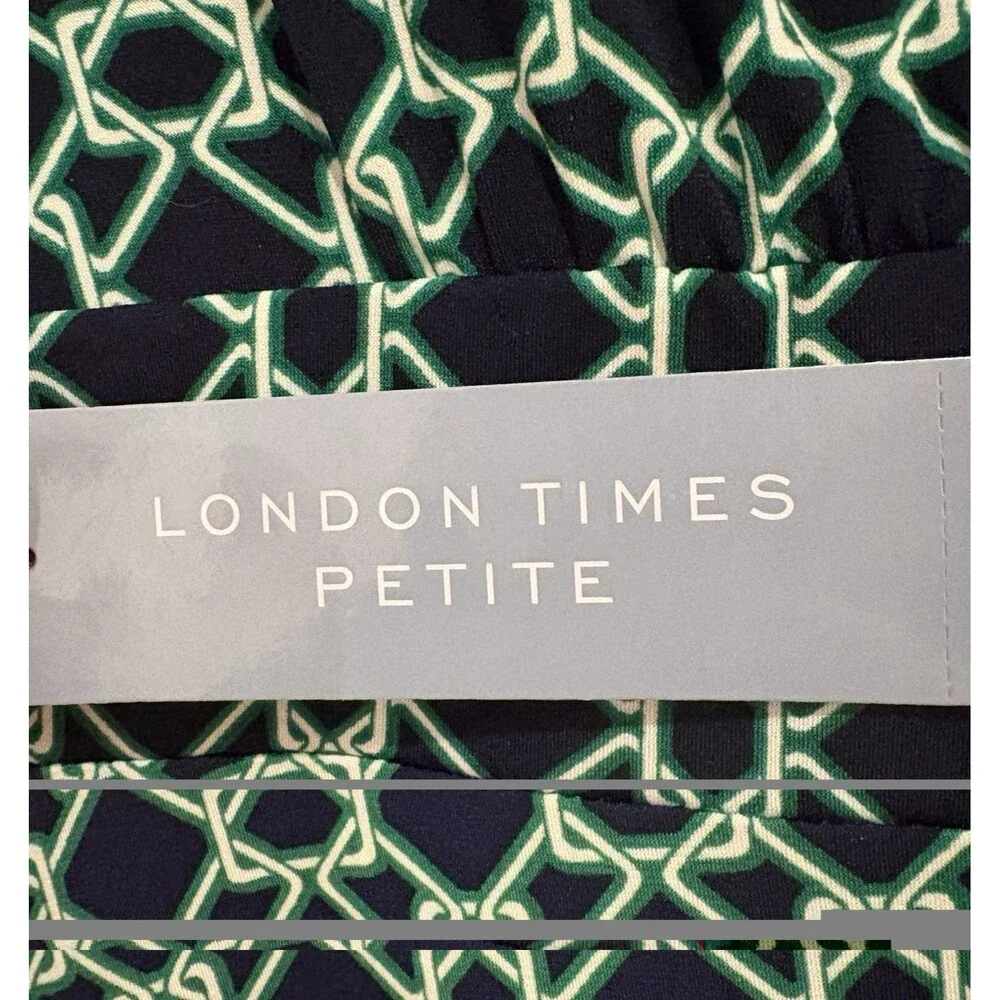 London Times Dress Women's Size 6P Petites Navy Blue Green Printed A-Line NWT - Picture 9 of 12